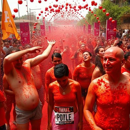 Imagen de personas celebrando la Tomatina con tomates