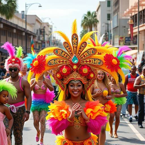 Imagen de un desfile de Carnaval vibrante con disfraces coloridos