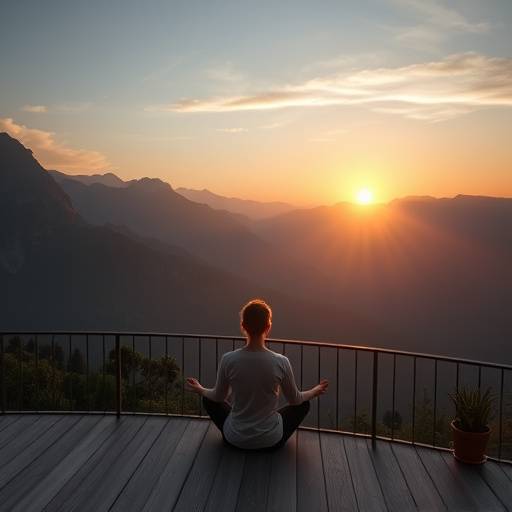 Persona meditando en una terraza con vistas a la sierra.