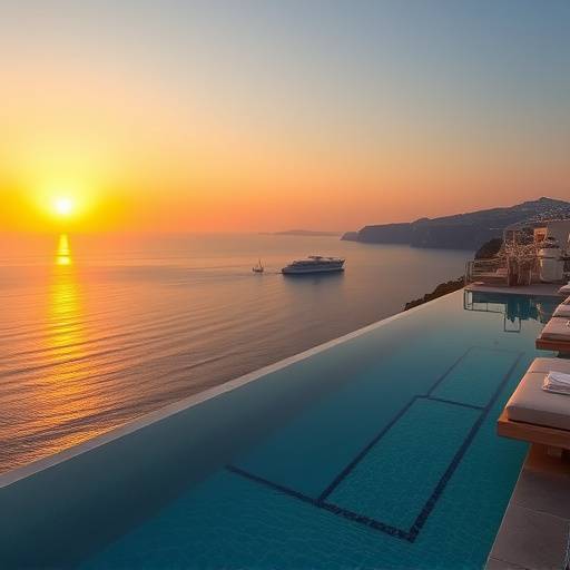 Piscina infinita de un hotel de lujo con vistas al mar Mediterr&aacute;neo al atardecer.
