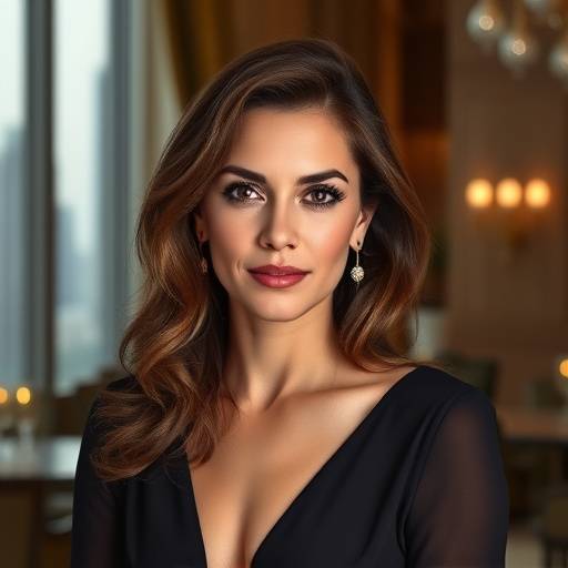 Retrato de Carmen Soler, especialista en experiencias de lujo, con un elegante vestido y un fondo de hotel boutique.