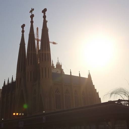 Sagrada Familia de Barcelona con luz dorada del amanecer.