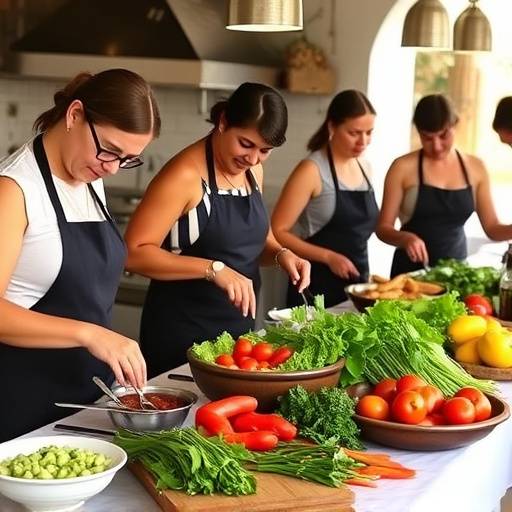 Un grupo de personas participando en una clase de cocina tradicional espa&ntilde;ola, rodeadas de ingredientes frescos