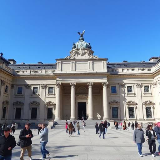 Vista del Museo del Prado en Madrid, con su imponente arquitectura cl&aacute;sica y una multitud de visitantes entrando.