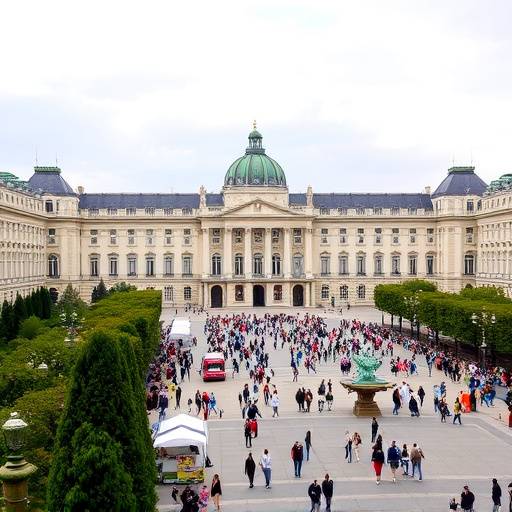 Vista del Palacio Real de Madrid con una plaza bulliciosa.
